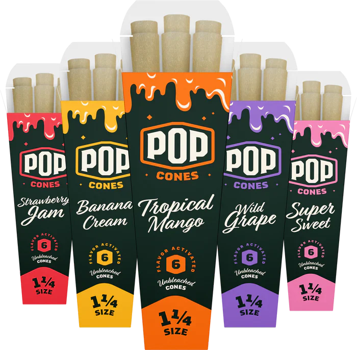 Pop Cones Unbleached 1 1/4 Size Pre-Rolled Cones with Flavor Tip (6 per pack/25 Pack)