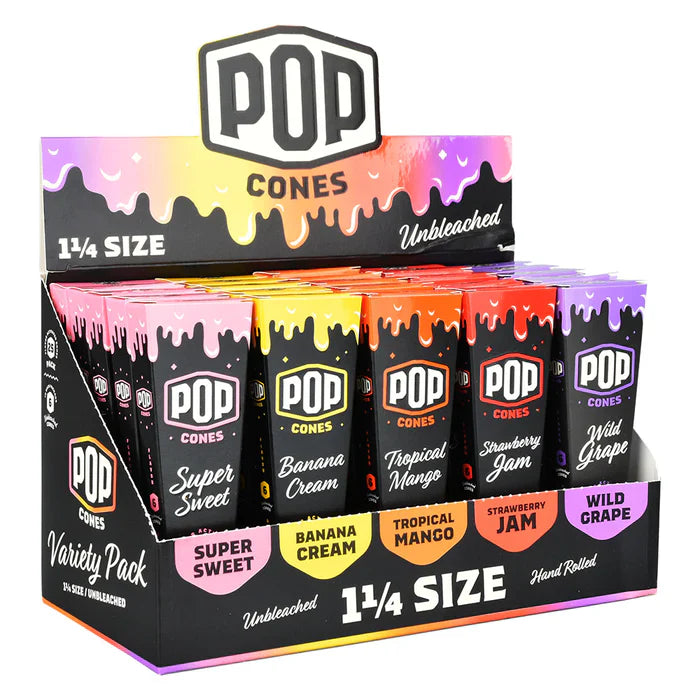 Pop Cones Unbleached 1 1/4 Size Pre-Rolled Cones with Flavor Tip (6 per pack/25 Pack)