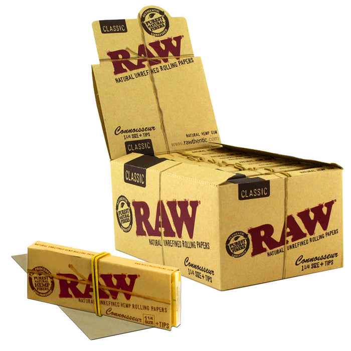 Raw Classic Connoisseur 1 1/4" Size Rolling Paper (32 Sheets + Tips Per Pack / 24 Pack Display)