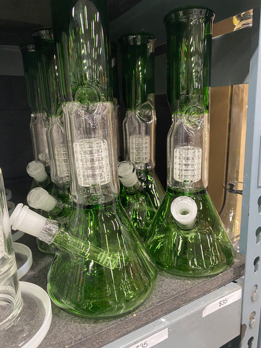 13" Green Colored Grid  Beaker Glass Water Pipe